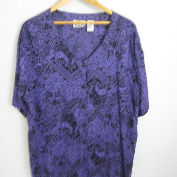 Vtg Separate Issue Woman Plus 24W Purple Black Floral SS Rayon Shirt V Neck 54" - Picture 8 of 9